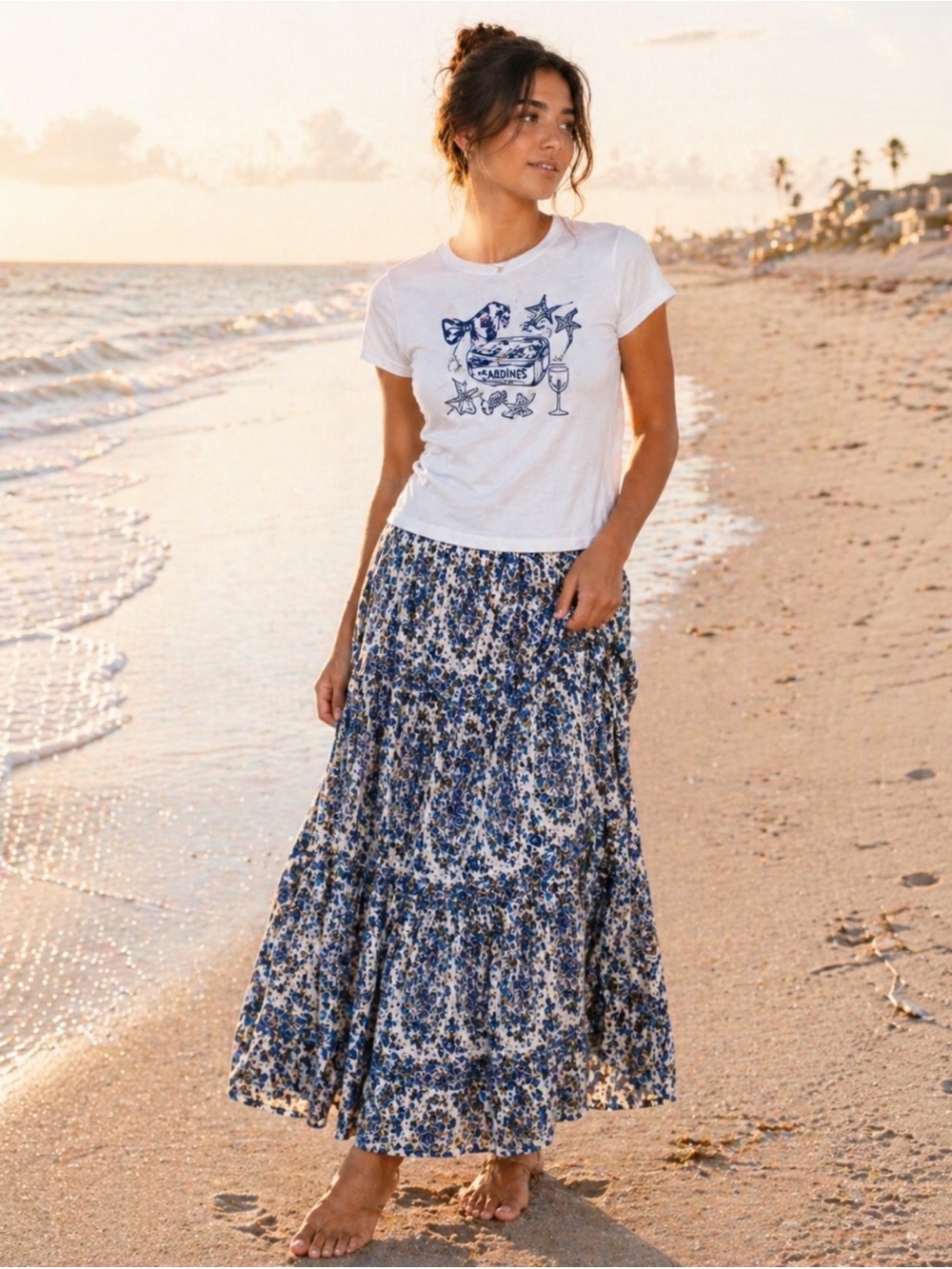 Les Amis Blue Paisley Floral Tiered Maxi Skirt ~ Boho Coastal ~ Size Large~NWOT